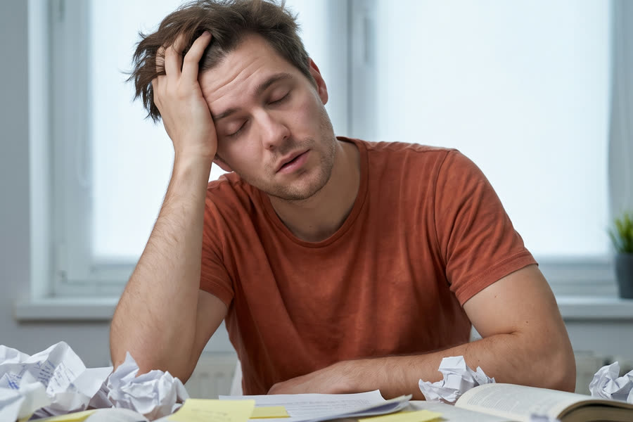 A young man at a cluttered desk runs a hand through his hair, overwhelmed