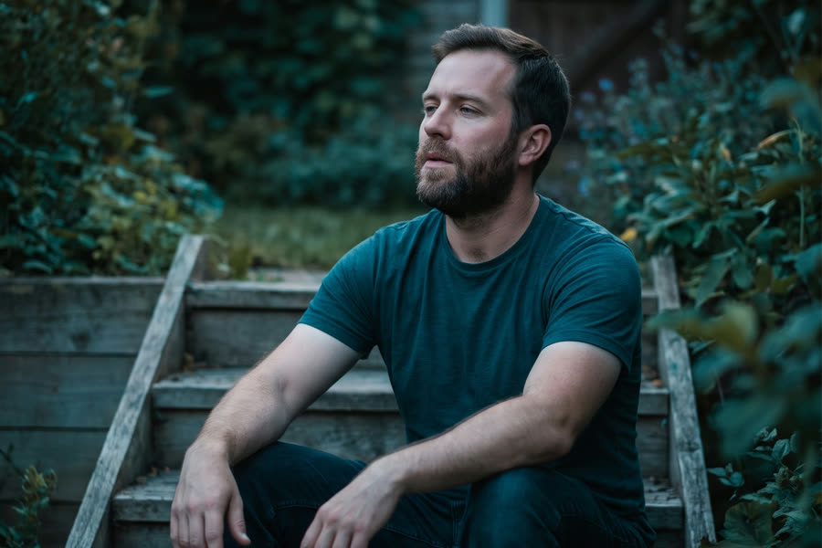 The same man seated on garden steps in cool evening light, breathing slowly, at peace