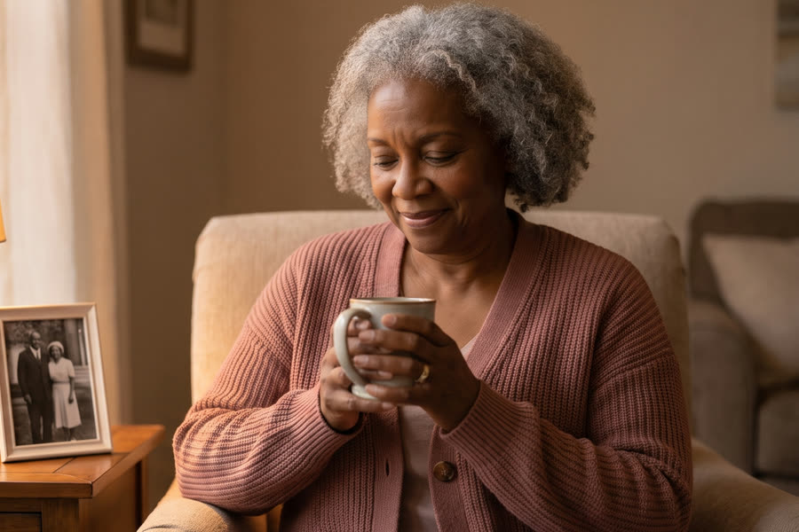 The same woman in soft warm light, holding tea with a gentle smile of remembrance