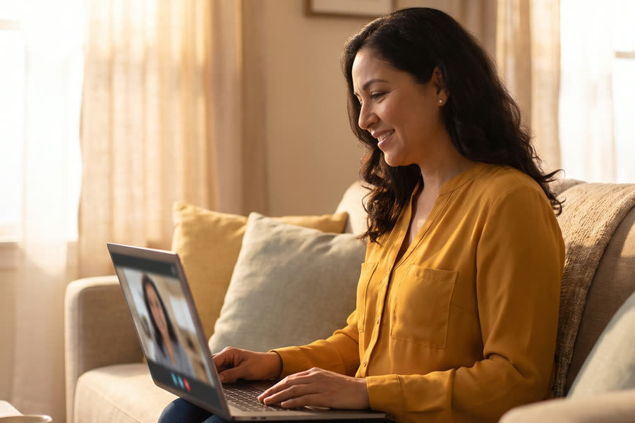 The same woman relaxed on her couch with a laptop, smiling during a video visit