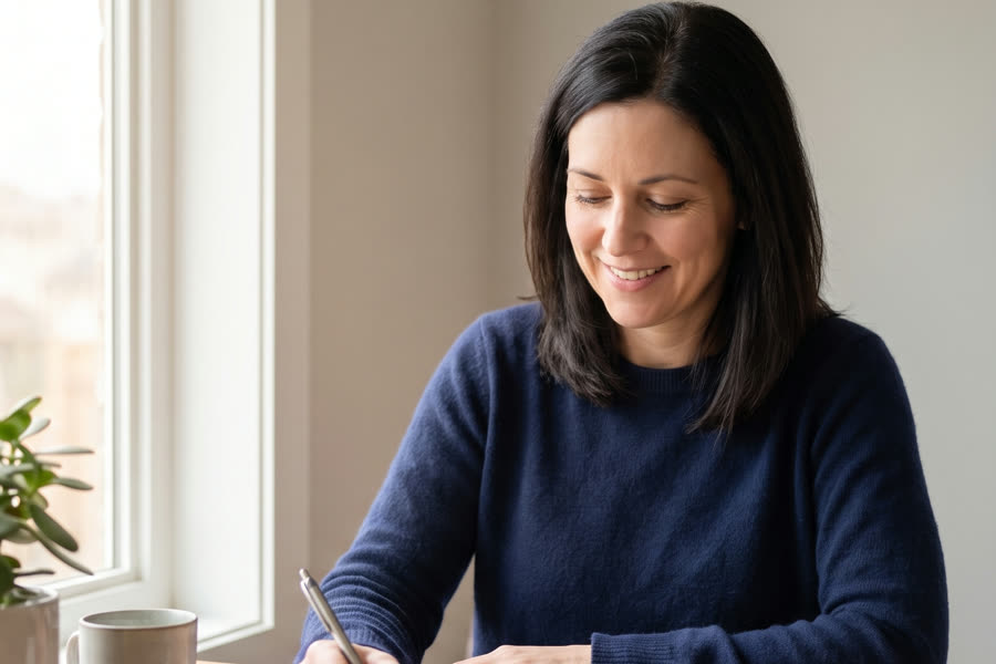 The same woman engaged and present at her desk in bright morning light, writing with quiet energy
