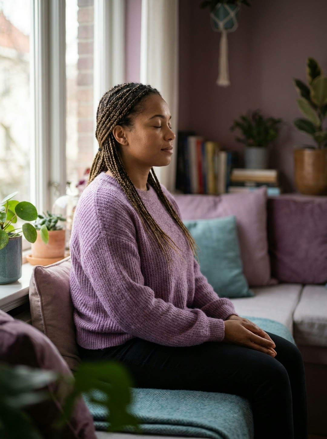 A person taking a calm, grounding breath in soft light