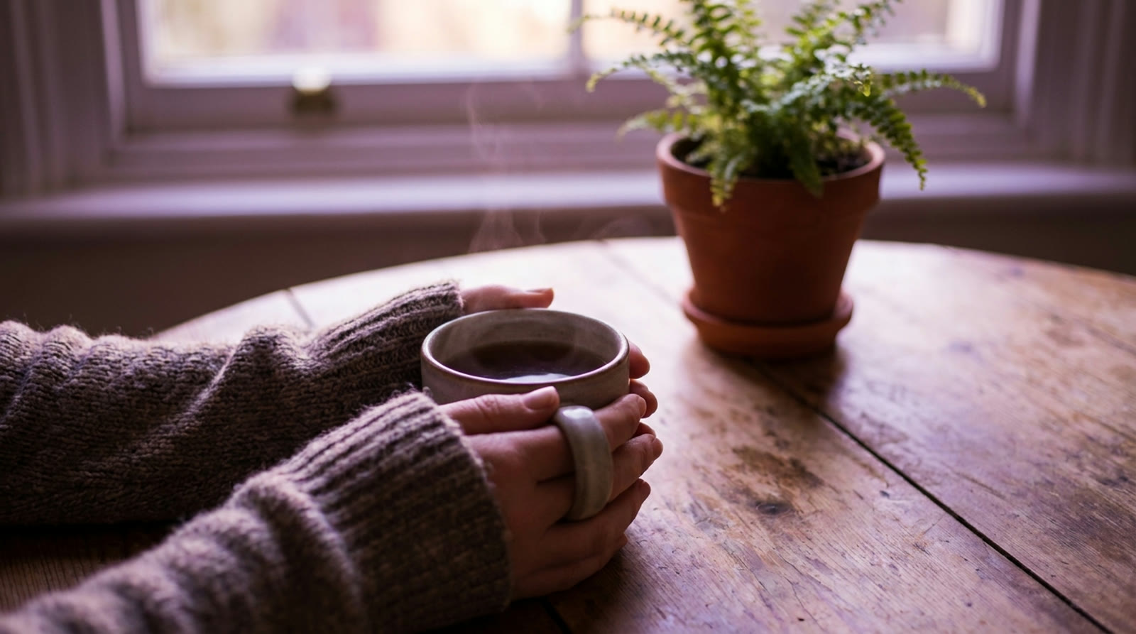 Hands cradling a warm cup of tea