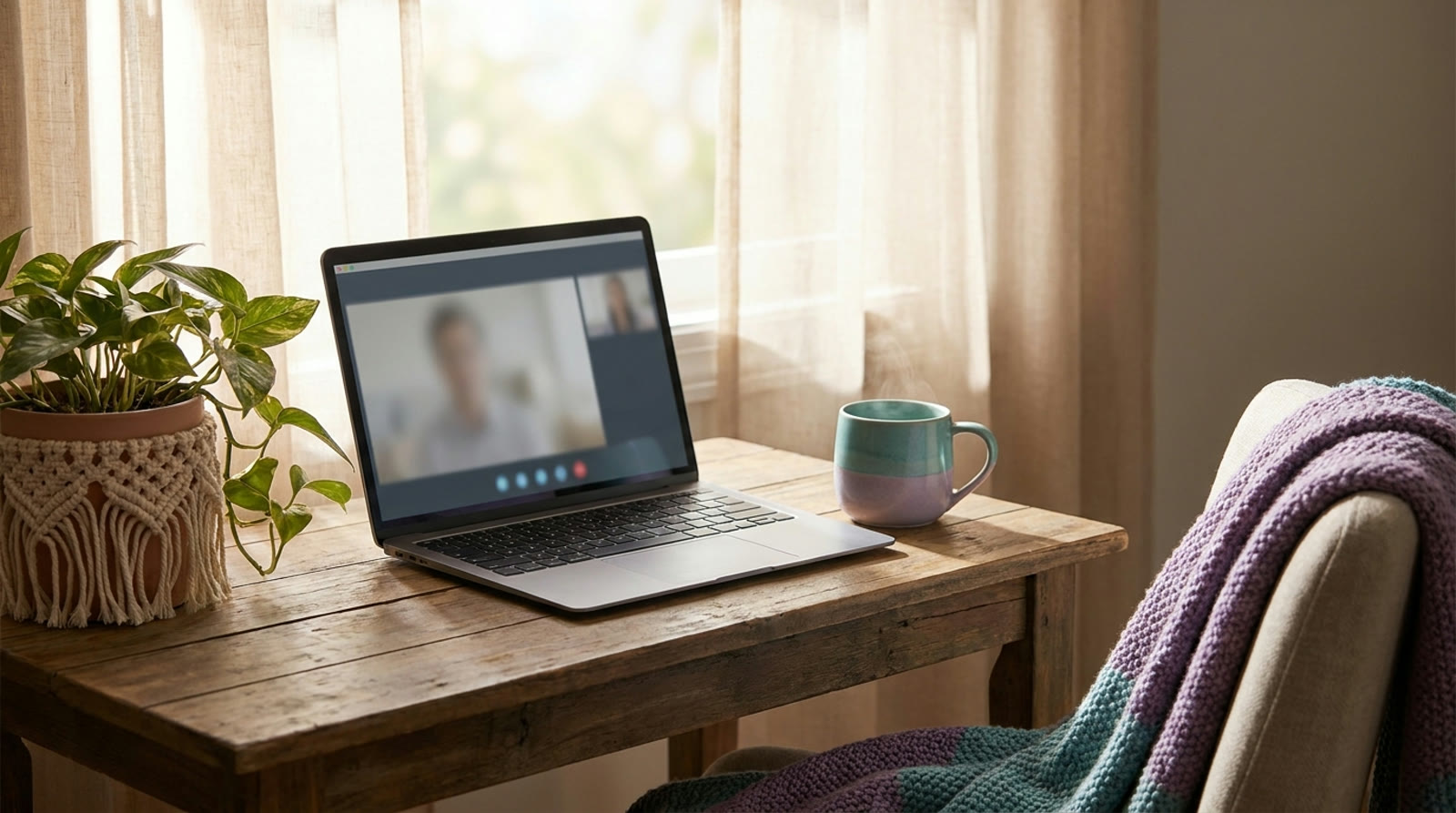 A cozy home telehealth setup by a sunlit window