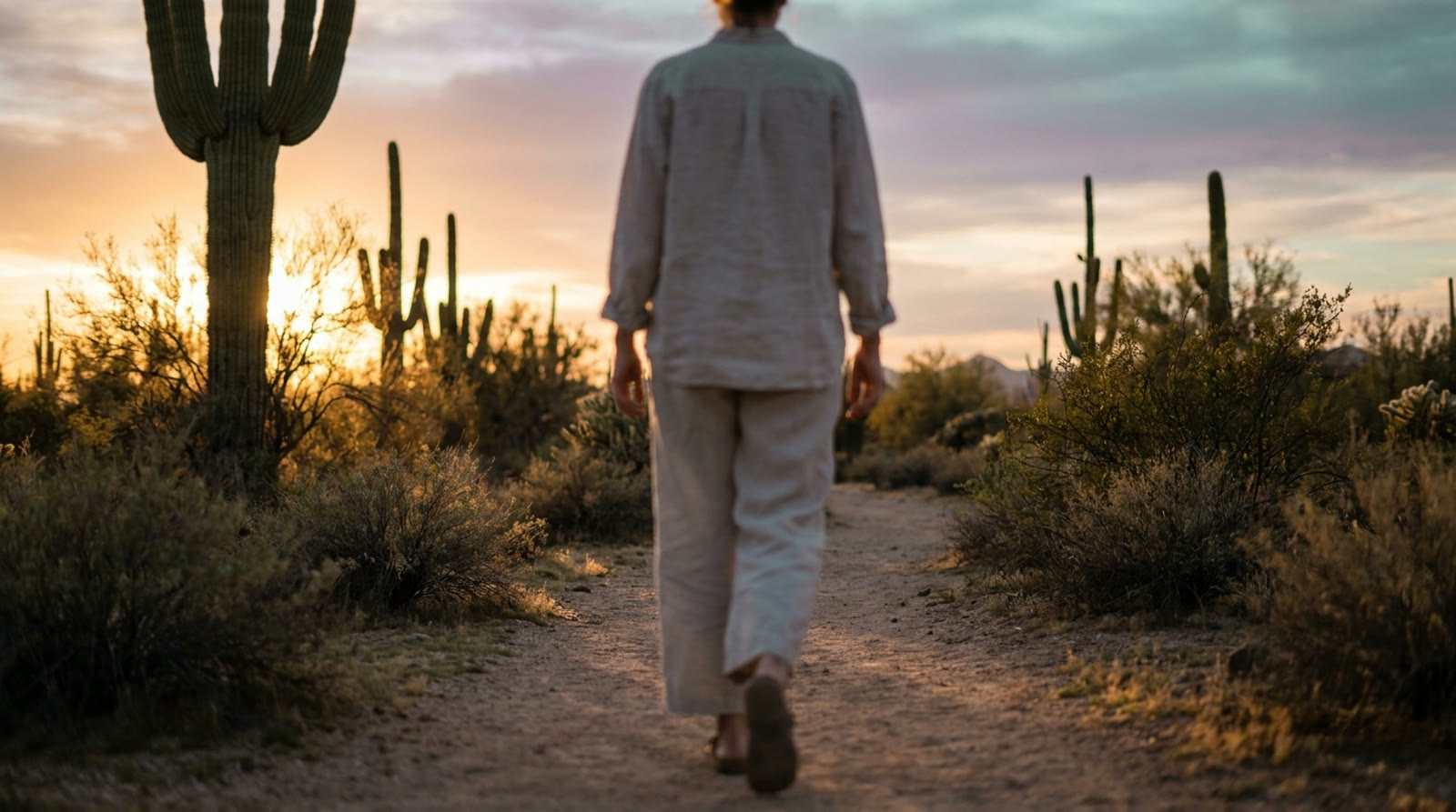 A person walking calmly at golden hour in the Arizona desert